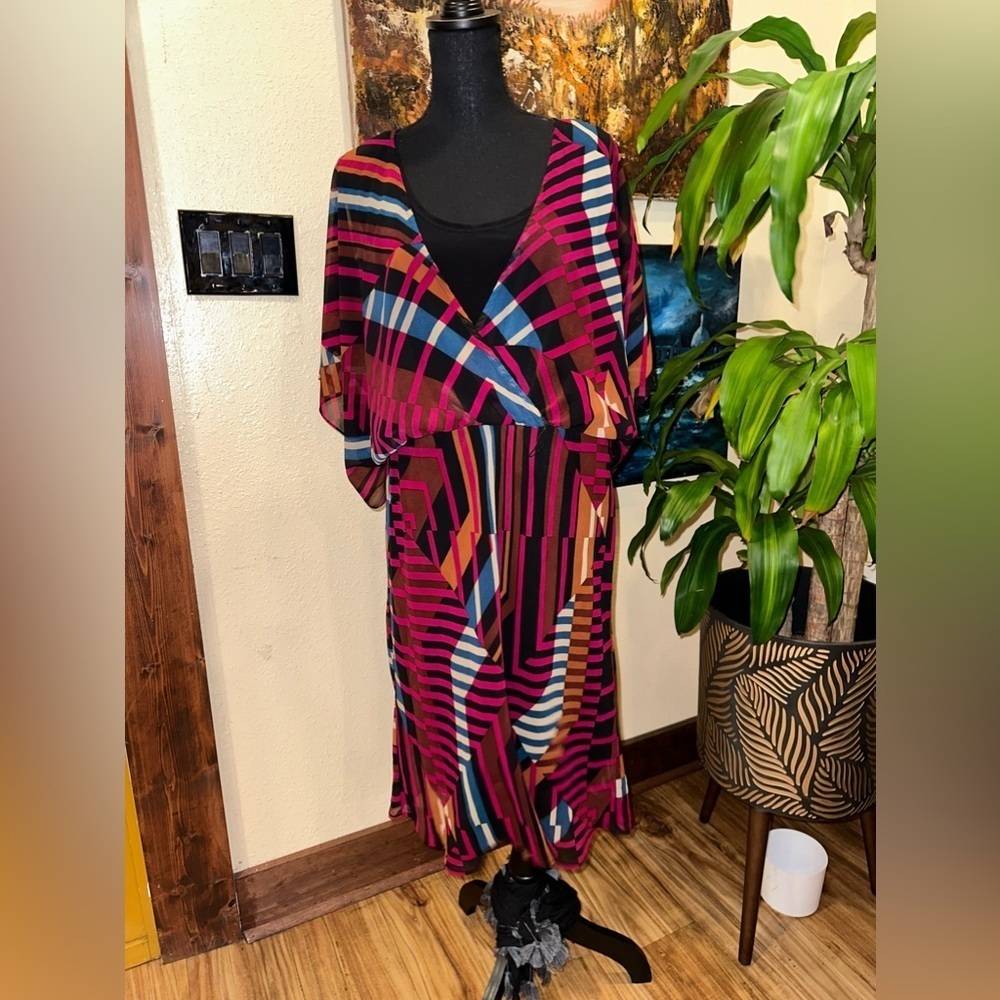 EUC Signature By Robbie Bee ~ Rust Multi Chiffon Belted Kimono Dress SZ 12